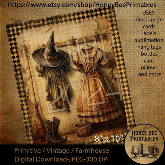 Digital Download, Printable, Decoupage, Vintage, Primitive, Fall, Autumn, Halloween, Witch Clothes,  Witch Hat, Witch Boots, Witch Broom, #4