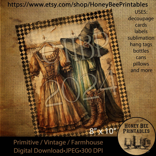 Digital Download, Printable, Decoupage, Vintage, Primitive, Fall, Autumn, Halloween, Witch Clothes,  Witch Hat, Witch Boots, Witch Broom, #5