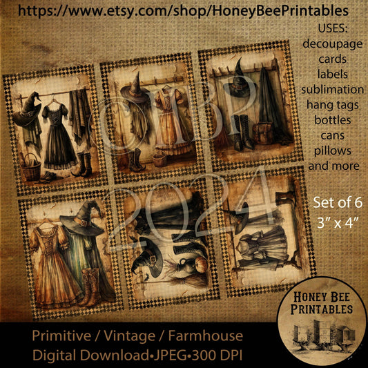Digital Download, Printable, Decoupage, Vintage, Prim, Fall, Autumn, Halloween, Witch Clothes,  Witch Hat, Witch Boots, Witch Broom, Set / 6