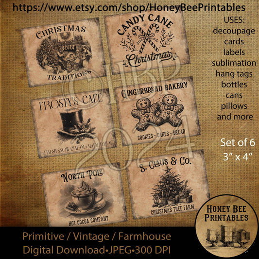 Digital Download, Printable, Decoupage, Vintage, Set / 6, Labels, Primitive Christmas, Gingerbread, Candy Canes, Frosty, S. Claus, Hot Cocoa