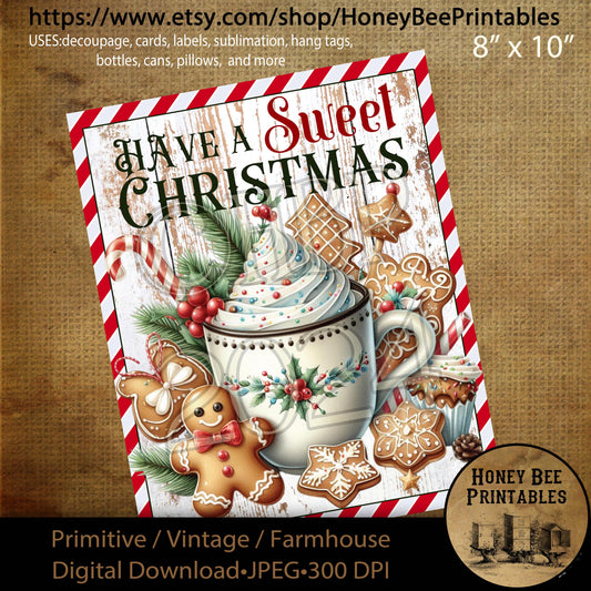 Digital Download, Printable, Decoupage, Vintage, Primitive, Farmhouse, Craft Supplies, Gingerbread Bakery, Cookies, Sweet Christmas
