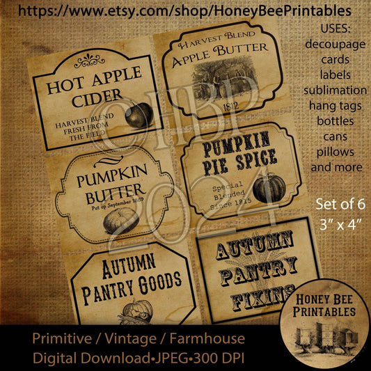 Digital Download, Printable, Decoupage, Vintage, Set/6, Harvest, Thanksgiving, Primitive Pantry Labels, Apple Cider, Apple Butter, Pumpkin