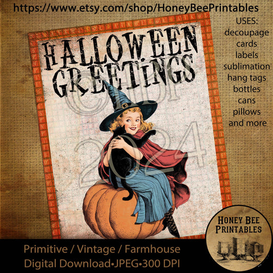 Digital Download, Digital Art, Printable, Decoupage, Vintage, Primitive, Fall, Autumn, Halloween Greetings, Witch Pumpkin, Black Cat, 8x10