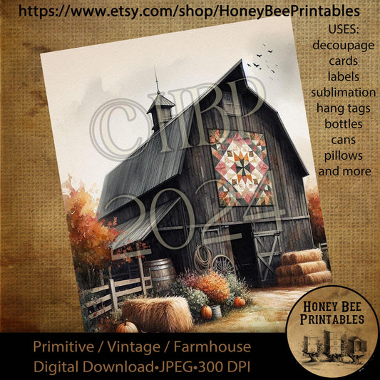 Digital Download, Digital Art, Printable, Decoupage, Vintage, Primitive, Fall, Autumn, Black Barn, Barn Quilt, Farm, Farmhouse, 8x10