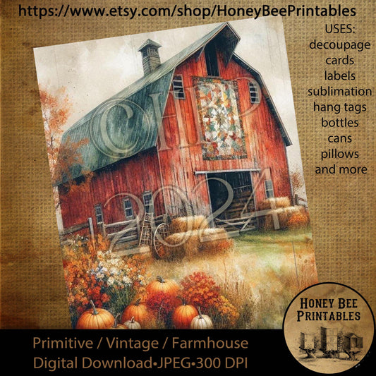 Digital Download, Digital Art, Printable, Decoupage, Vintage, Primitive, Fall, Autumn, Red Barn, Barn Quilt, Farm, Farmhouse, Rustic, #1