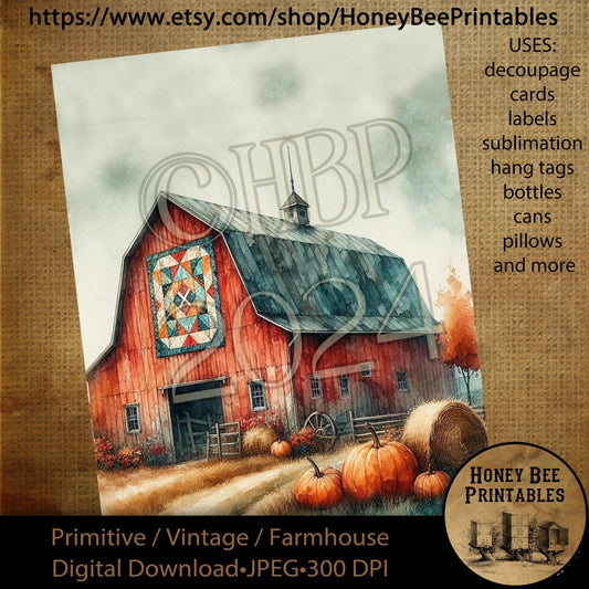 Digital Download, Digital Art, Printable, Decoupage, Vintage, Primitive, Fall, Autumn, Red Barn, Barn Quilt, Farm, Farmhouse, Rustic, #3