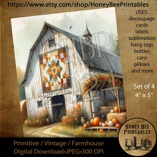 Digital Download, Digital Art, Printable, Decoupage, Vintage, Primitive, Fall, Autumn, White Barn, Barn Quilt, Farm, Farmhouse, Rustic, 8x10