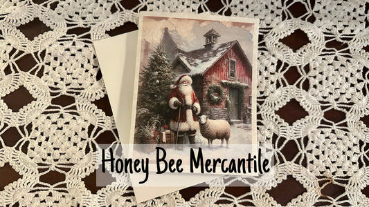 Vintage, Primitive Style, Set of 6 Note Cards & envelopes, Christmas, Santa, Old World Santa, Primitive Santa, Old Red Barn, Sheep, Lamb