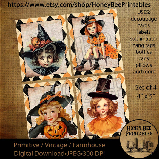 Digital Download, Digital Art, Printable, Decoupage, Vintage, Primitive, Fall, Autumn, Retro Halloween, Witch, Young Witches, Set of 4, 4x5