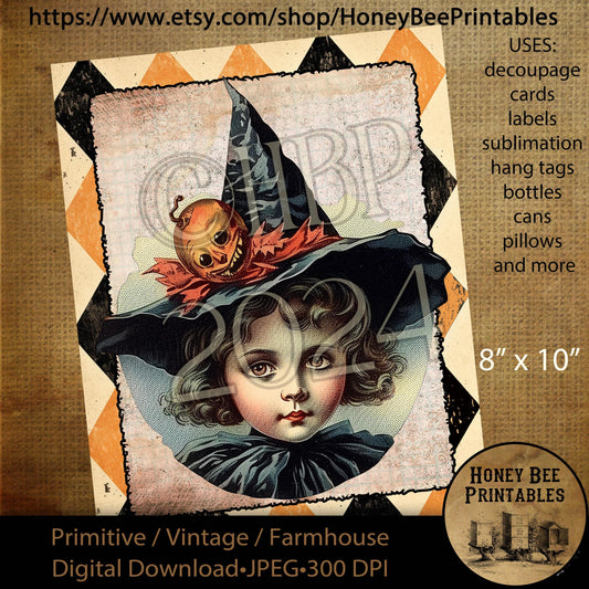 Digital Download, Digital Art, Printable, Decoupage, Vintage, Primitive, Fall, Autumn, Retro Halloween, Witches, Whimsical, Witch, 8x10, #1