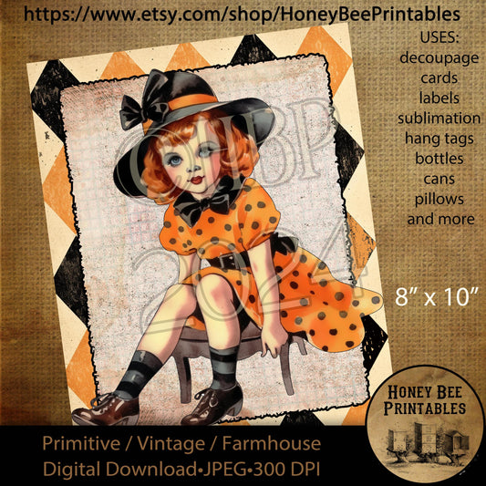 Digital Download, Digital Art, Printable, Decoupage, Vintage, Primitive, Fall, Autumn, Retro Halloween, Witches, Whimsical, Witch, 8x10, #2