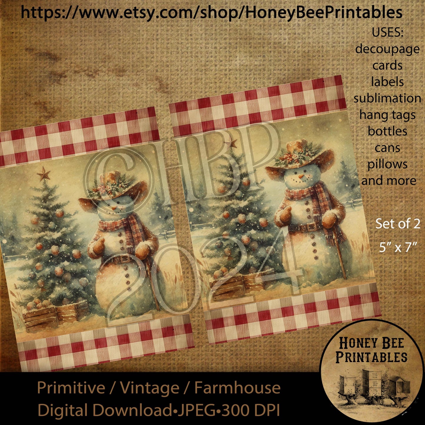 Digital Download, Printable, Decoupage, Vintage, Primitive, Set of 2, 5x7, #1 Country Primitive Snowman, Christmas Tree, Winter, Snowmen