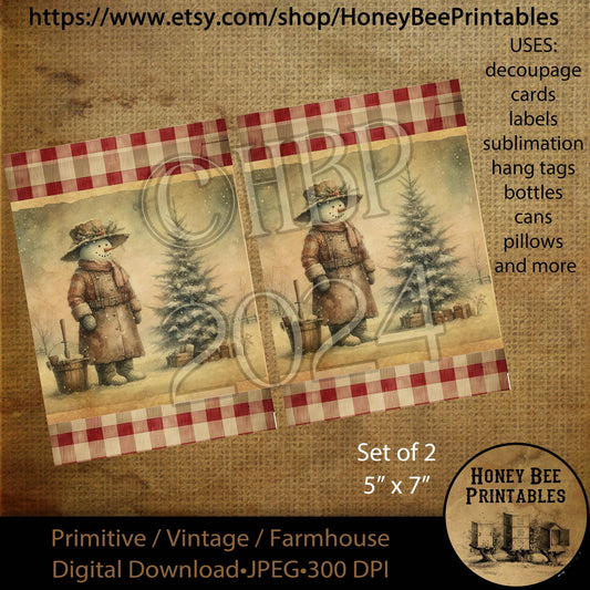 Digital Download, Printable, Decoupage, Vintage, Primitive, Set of 2, 5x7, #4 Country Primitive Snowman, Christmas Tree, Winter, Snowmen