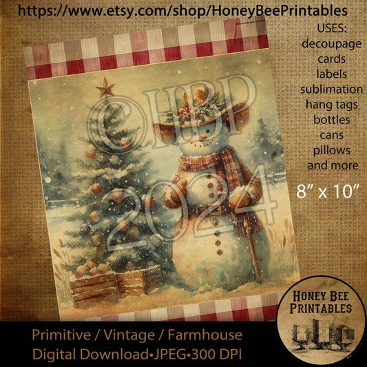 Digital Download, Digital Art, Printable, Decoupage, Craft Supplies, Vintage, Primitive, Snowman, Snowmen, Winter, Country, Snow, 8x10, #1