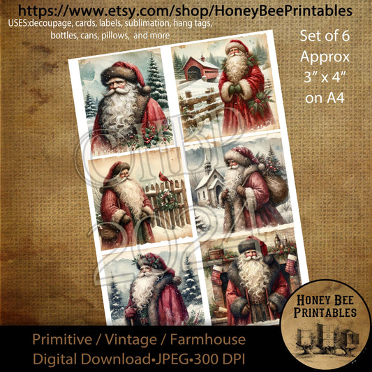 Digital Download, Digital Art, Printable, Decoupage, Primitive, Farmhouse, Craft Supplies, Set of 6, 3x4, A4, Old World Santa, Santa Claus