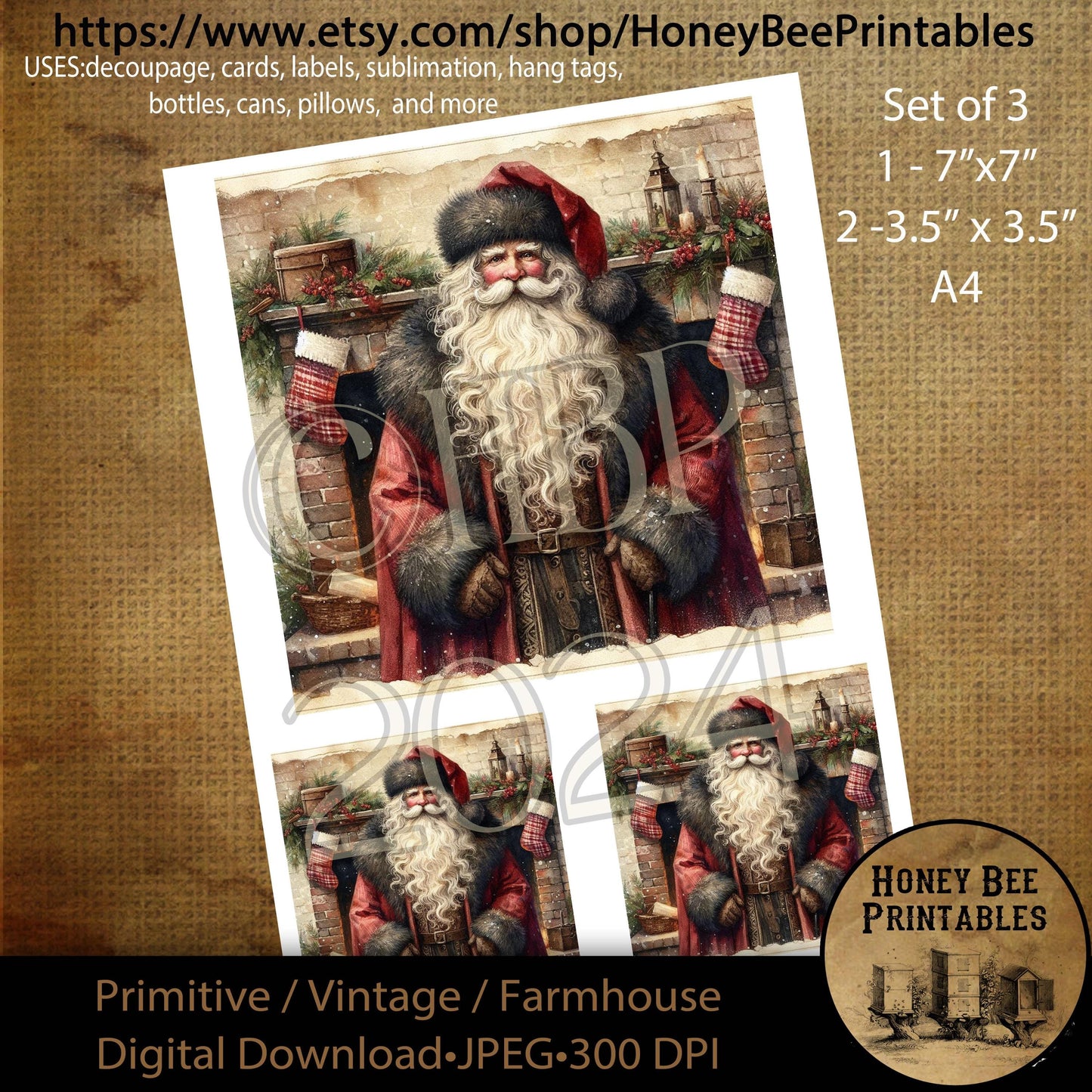 Digital Download, Digital Art, Printable, Decoupage, Primitive, Farmhouse, Craft Supplies, Set of 3, A4, Old World Santa, Santa, 7x7, 2-3.5