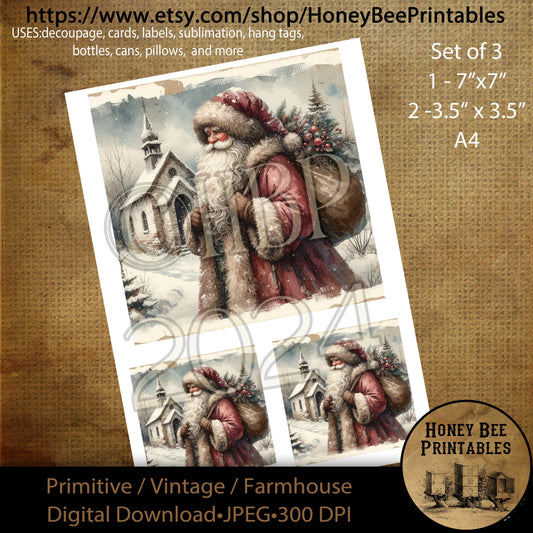 Digital Download, Digital Art, Printable, Decoupage, Primitive, Farmhouse, Craft Supplies, Set of 3, A4, Old World Santa, Chapel, 7x7, 2-3.5
