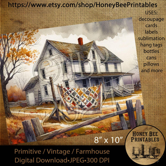 Digital Download, Digital Art, Printable, Decoupage, Vintage, Primitive, Fall, Autumn, Farmhouse, Farm House, Quilt, Old Farm, 8x10, #2