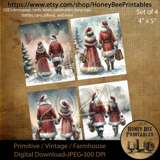 Digital Download, Digital Art, Printable, Decoupage, Primitive, Craft Supplies, Set of 4, 4x5, Christmas, Winter, Santa Claus, Mrs. Claus