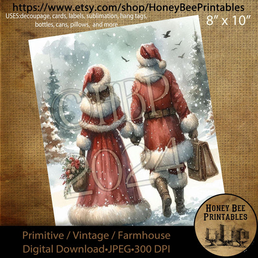 Digital Download, Digital Art, Printable, Decoupage, Craft Supplies, Primitive, Santa Claus, Mrs. Claus, Santa, Christmas, Winter, 8x10, #2