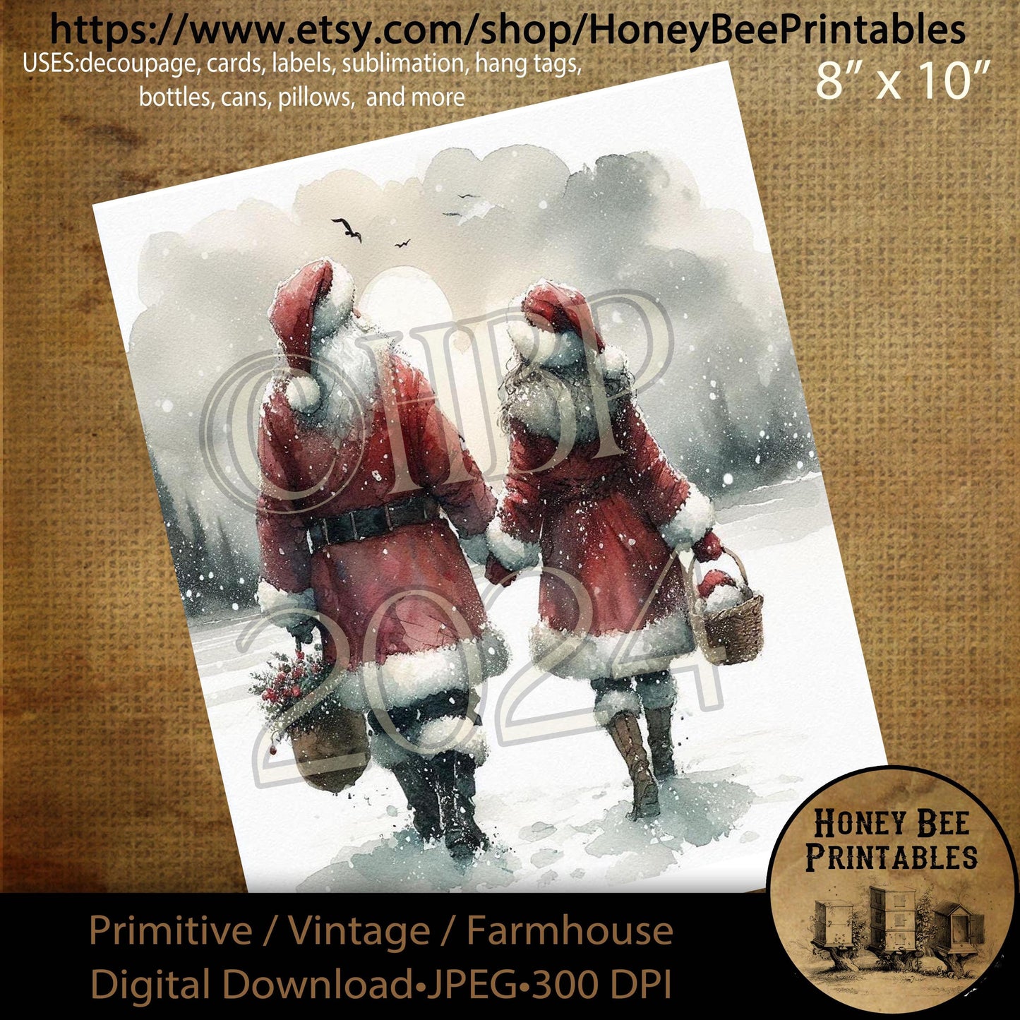 Digital Download, Digital Art, Printable, Decoupage, Craft Supplies, Primitive, Santa Claus, Mrs. Claus, Santa, Christmas, Winter, 8x10, #4