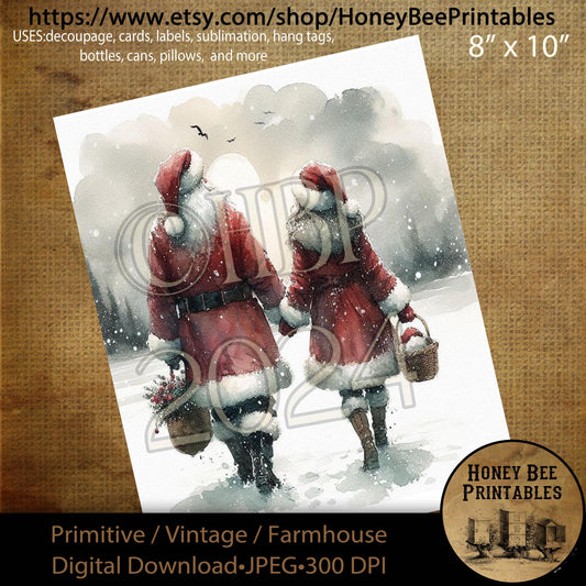 Digital Download, Digital Art, Printable, Decoupage, Craft Supplies, Primitive, Santa Claus, Mrs. Claus, Santa, Christmas, Winter, 8x10, #4