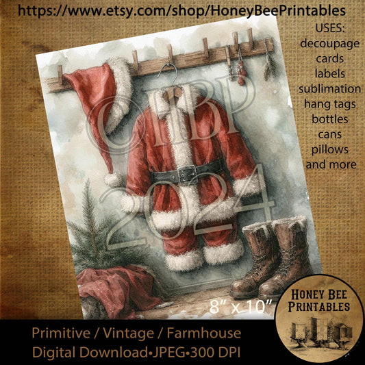 Digital Download, Digital Art, Printable, Decoupage, Craft Supplies, Primitive, Santa Claus, Santa, Santa Suit, Christmas, Winter, 8x10, #2