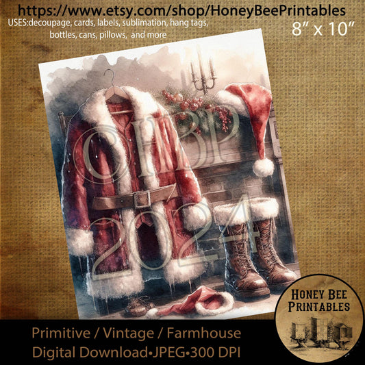 Digital Download, Digital Art, Printable, Decoupage, Craft Supplies, Primitive, Santa Claus, Santa, Santa Suit, Christmas, Winter, 8x10, #3