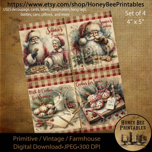 Digital Download, Digital Art, Printable, Decoupage, Primitive, Farmhouse, Craft Supplies, Set / 4, 4x5, Milk & Cookies for Santa, Christmas