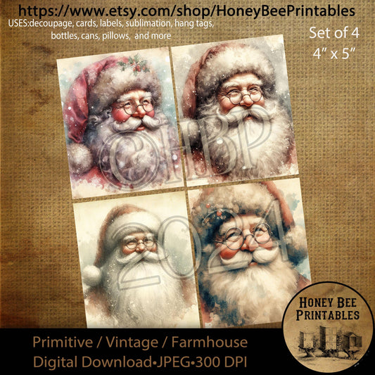 Digital Download, Digital Art, Printable, Decoupage, Primitive, Craft Supplies, Set / 4, 4x5, Christmas, Santa Claus, Vintage, Old World