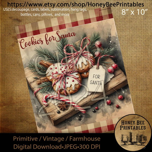 Digital Download, Printable, Decoupage, Vintage, Primitive, Farmhouse, Craft Supplies, Santa Claus, Santa, Cookies, Cookies for Santa