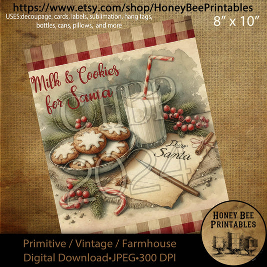 Digital Download, Printable, Decoupage, Vintage, Primitive, Farmhouse, Craft Supplies, Santa Claus, Milk and Cookies, Christmas, Santa