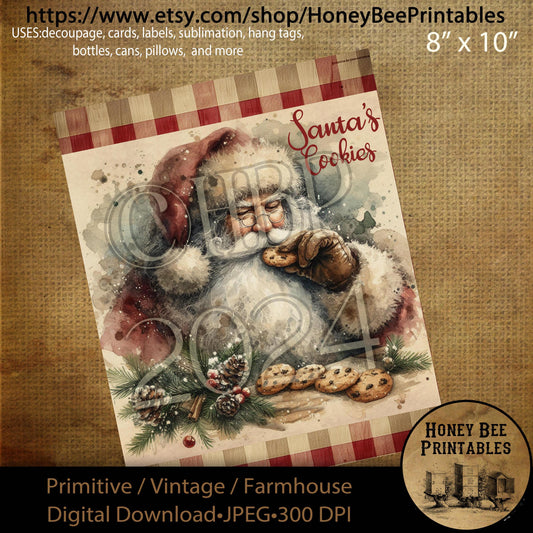Digital Download, Printable, Decoupage, Vintage, Primitive, Farmhouse, Craft Supplies, Santa's Cookies, Cookies for Santa, Christmas Cookies