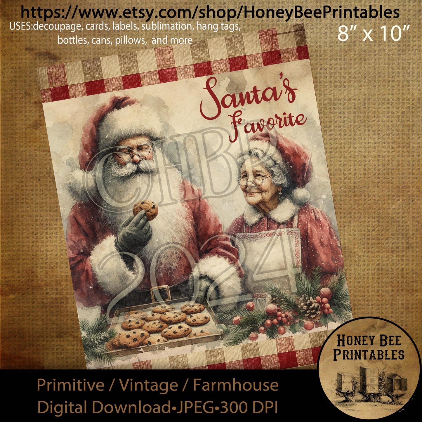 Digital Download, Printable, Decoupage, Vintage, Primitive, Farmhouse, Craft Supplies, Cookies for Santa, Christmas, Santa's Favorite Cookie