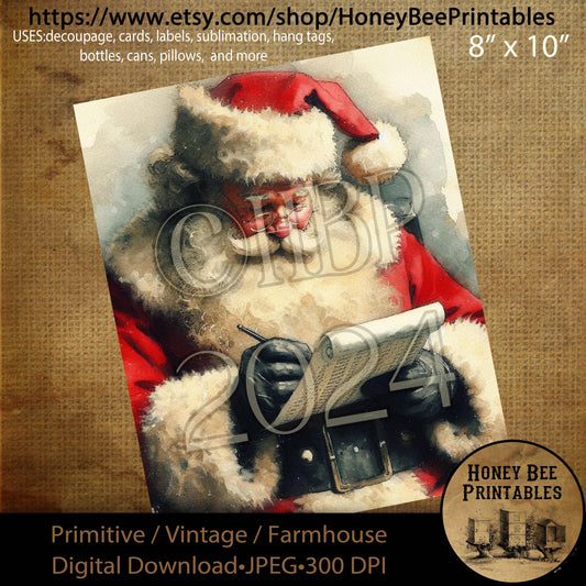 Digital Download, Printable, Decoupage, Primitive, Farmhouse, Craft Supplies, Vintage Santa, Old World Santa, Christmas, Santa's List, Santa