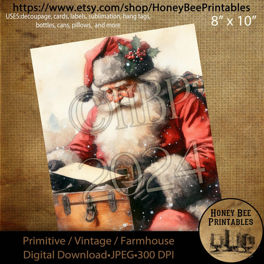 Digital Download, Printable, Decoupage, Primitive, Farmhouse, Craft Supplies, Vintage Santa, Old World Santa, Christmas, Santa's List, Box