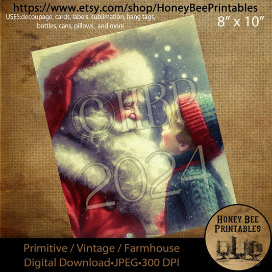 Digital Download, Printable, Decoupage, Primitive, Farmhouse, Craft Supplies, Vintage Santa, Old World Santa, Christmas, Santa & Child, Boy