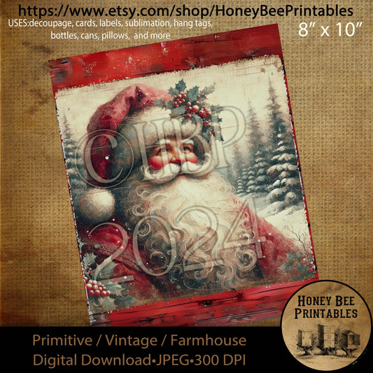 Digital Download, Printable, Decoupage, Primitive, Farmhouse, Craft Supplies, Vintage Santa, Old World Santa, Christmas, Snowy Woods, #1