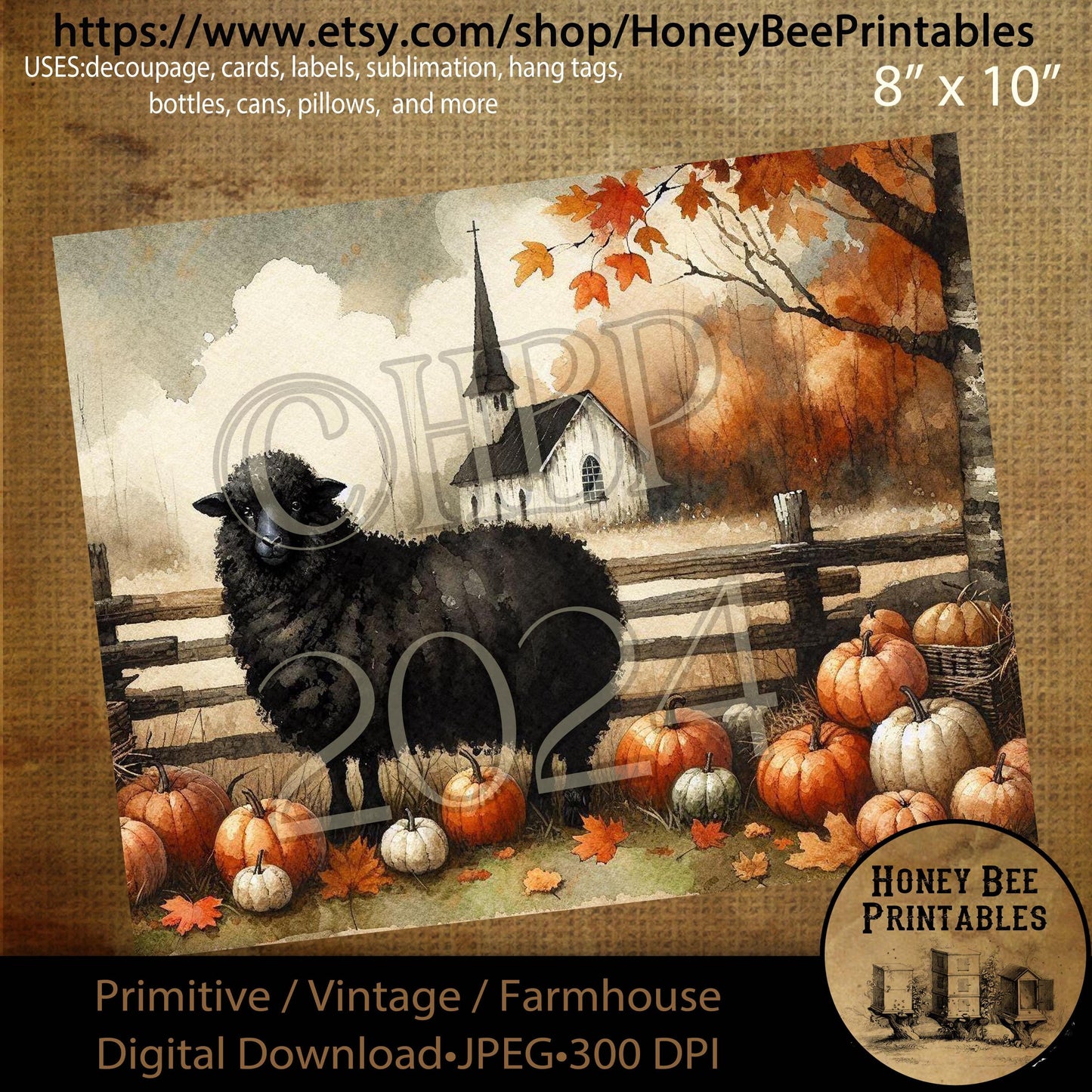 Digital Download, Digital Art, Printable, Decoupage, Vintage, Primitive, Fall, Autumn, Black Sheep, Chapel, Church, Pumpkins, Harvest, #3