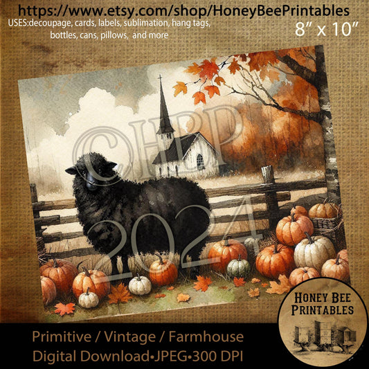 Digital Download, Digital Art, Printable, Decoupage, Vintage, Primitive, Fall, Autumn, Black Sheep, Chapel, Church, Pumpkins, Harvest, #3