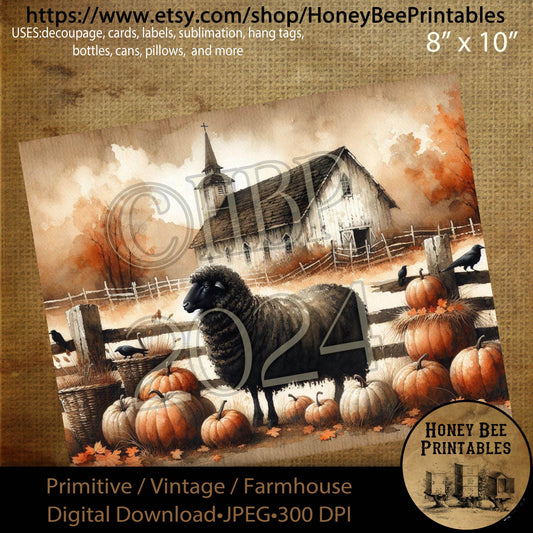 Digital Download, Digital Art, Printable, Decoupage, Vintage, Primitive, Fall, Autumn, Black Sheep, Chapel, Church, Pumpkins, Harvest, #4