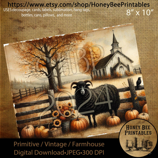 Digital Download, Digital Art, Printable, Decoupage, Vintage, Primitive, Fall, Autumn, Black Sheep, Chapel, Church, Pumpkins, Harvest, #6