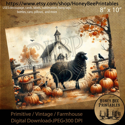 Digital Download, Digital Art, Printable, Decoupage, Vintage, Primitive, Fall, Autumn, Black Sheep, Chapel, Church, Pumpkins, Harvest, #7