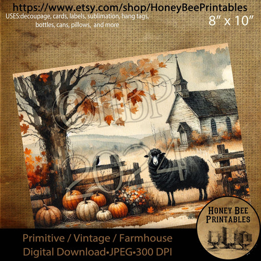 Digital Download, Digital Art, Printable, Decoupage, Vintage, Primitive, Fall, Autumn, Black Sheep, Chapel, Church, Pumpkins, Harvest, #8