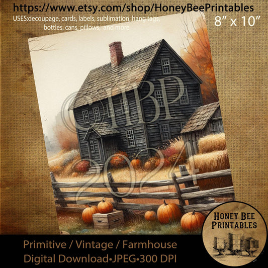 Digital Download, Digital Art, Printable, Decoupage, Primitive, Craft Supplies, Fall, Autumn, Farmhouse, Farm House, Black Saltbox, Pumpkins