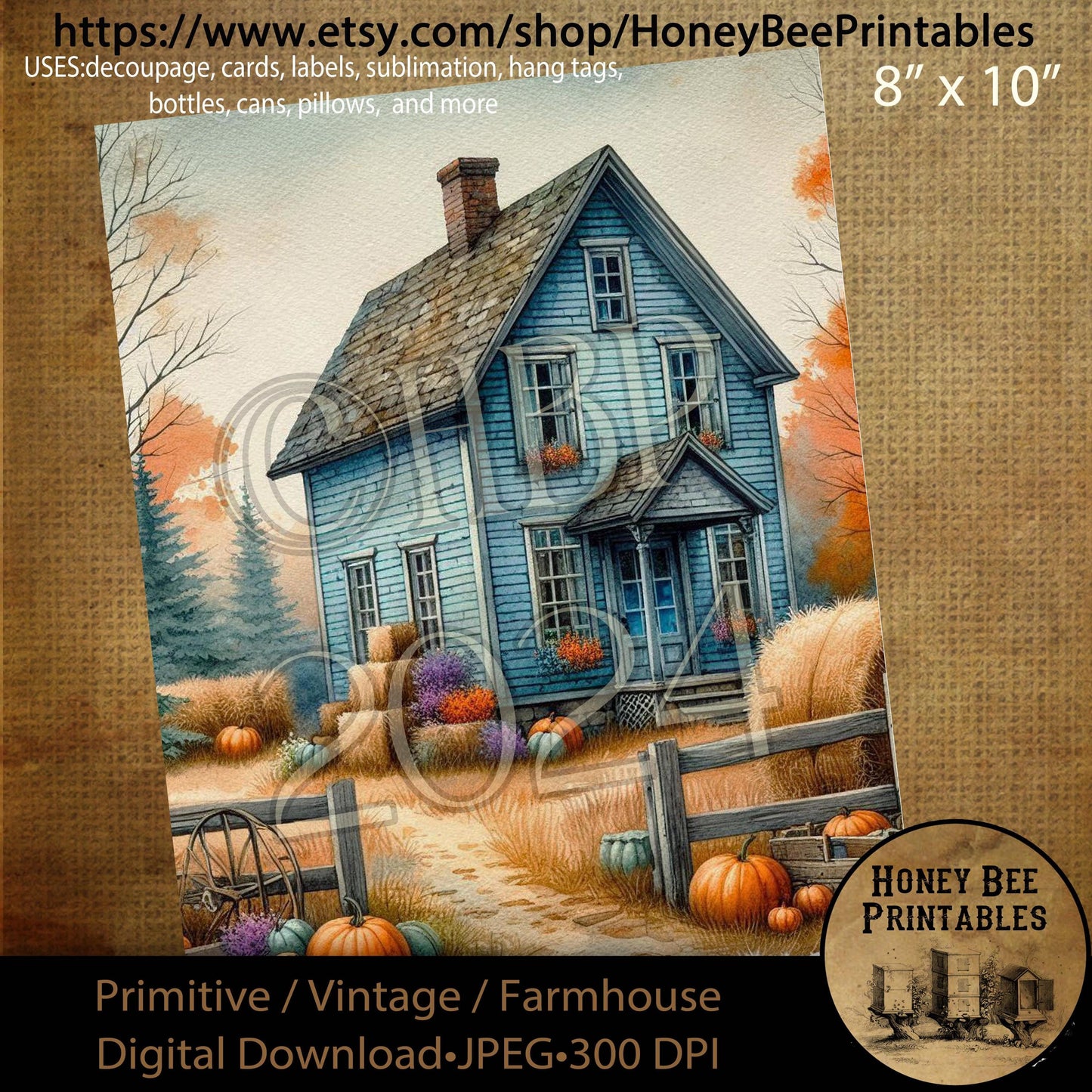 Digital Download, Digital Art, Printable, Decoupage, Primitive, Craft Supplies, Fall, Autumn, Farmhouse, Farm House, Blue Saltbox, Pumpkins