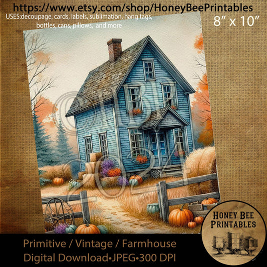 Digital Download, Digital Art, Printable, Decoupage, Primitive, Craft Supplies, Fall, Autumn, Farmhouse, Farm House, Blue Saltbox, Pumpkins