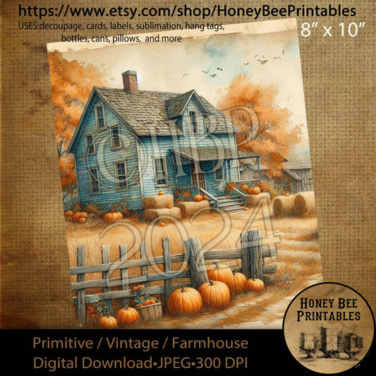 Digital Download, Digital Art, Printable, Decoupage, Primitive, Craft Supplies, Fall, Autumn, Farmhouse, Farm House, Blue Saltbox, #3
