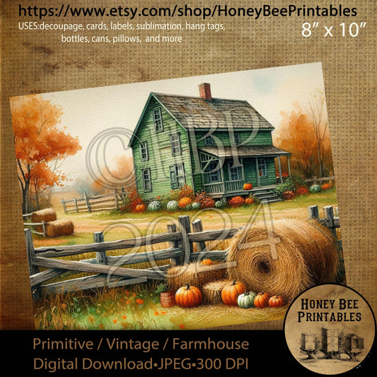 Digital Download, Digital Art, Printable, Decoupage, Primitive, Craft Supplies, Fall, Autumn, Farmhouse, Farm House, Green Saltbox, #2
