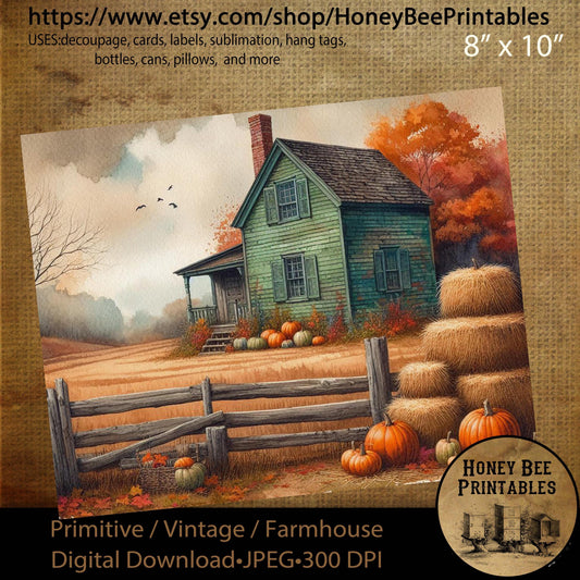 Digital Download, Digital Art, Printable, Decoupage, Primitive, Craft Supplies, Fall, Autumn, Farmhouse, Farm House, Green Saltbox, #3